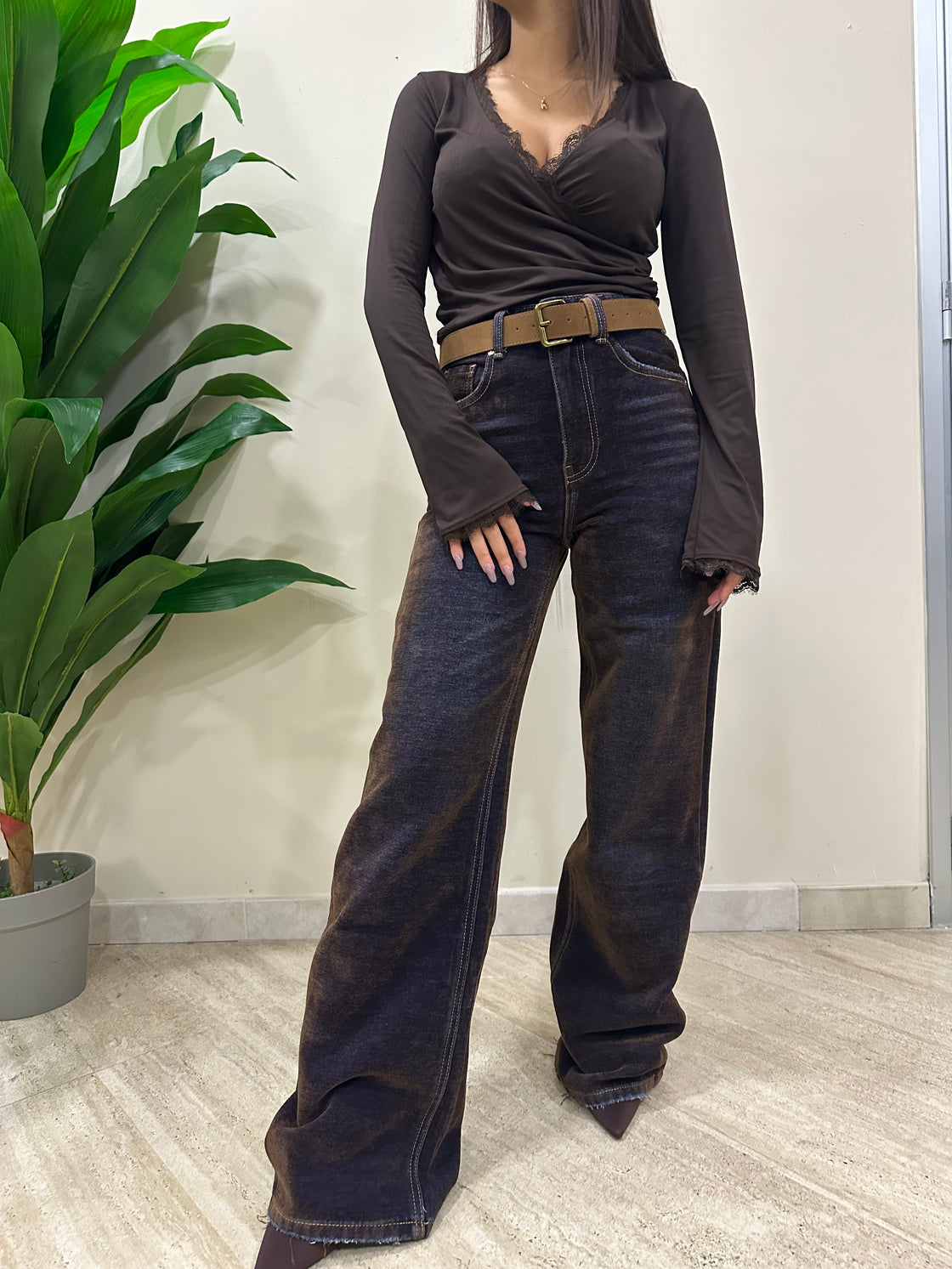 Jeans con cintura effetto velluto