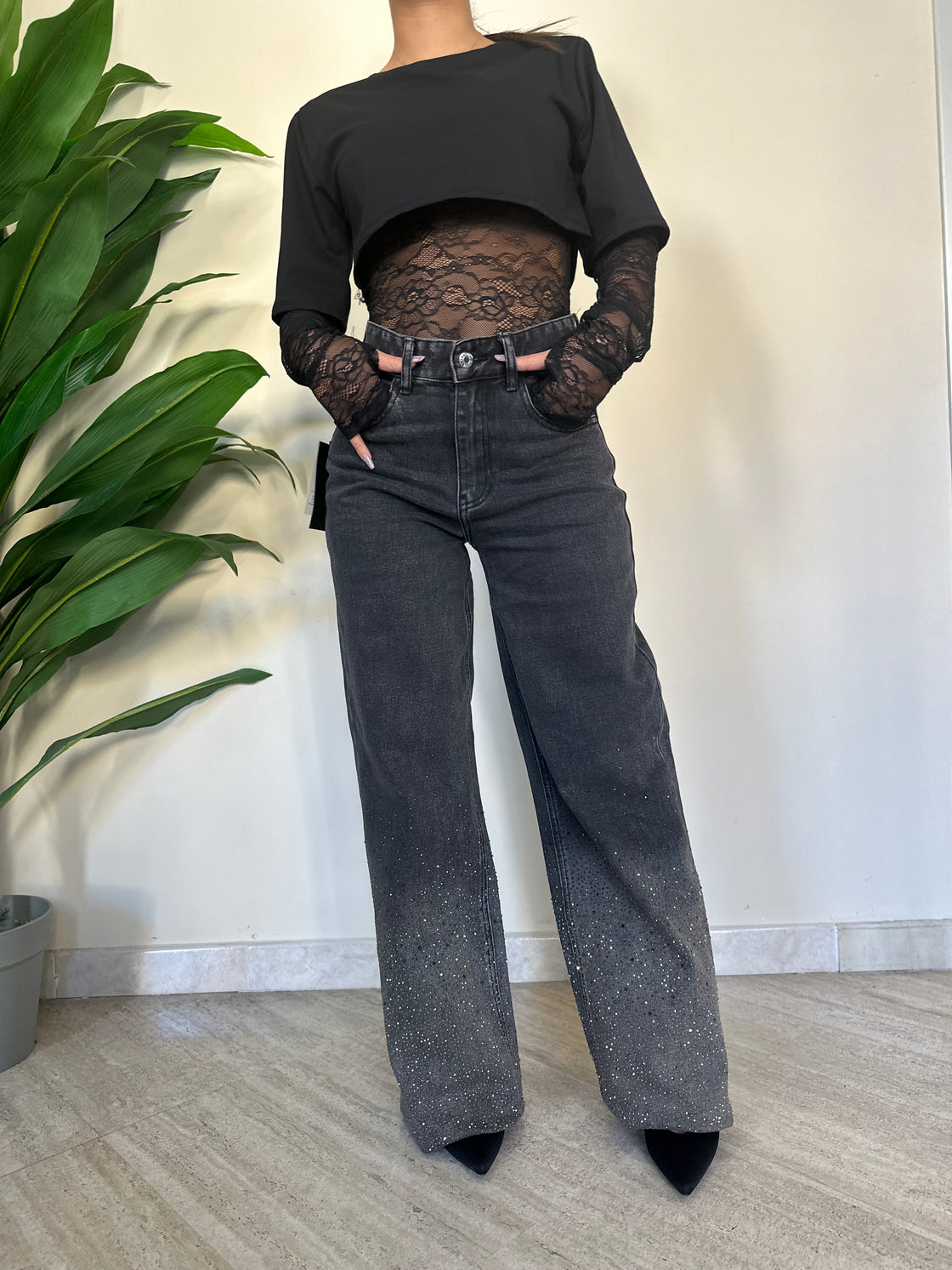 Jeans palazzo strass sfumato