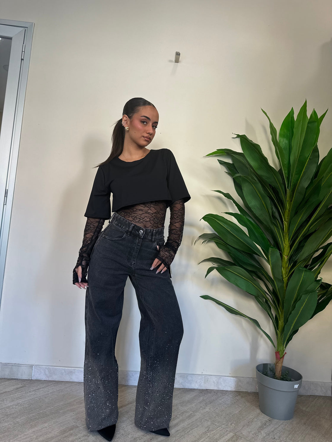 Jeans palazzo strass sfumato